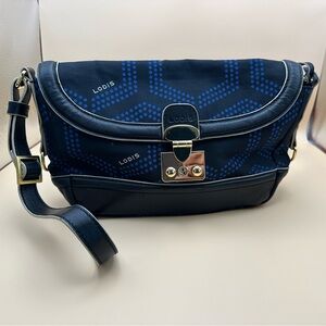 Lodis Navy & Blue Geo Print Crossbody Shoulder Bag Leather Trim Turnlock